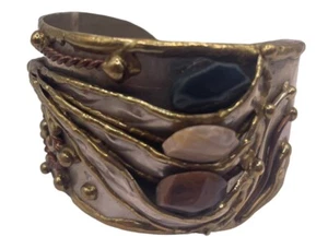 Mixed Metal Silver Tone And Multiple Gemstone Cuff Bracelet Brutalist Style - Picture 1 of 10