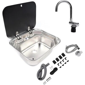 RV Sink Stainless Steel Hand Wash Basin Kitchen with Lid Glass Cold Hot Faucet - Picture 1 of 8
