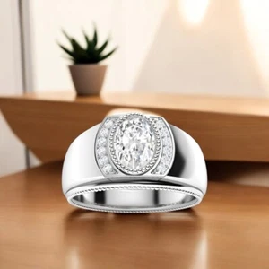 Mens Diamond Engagement Ring 0.82 Ct Oval Lab Created Solid 18K White Gold Band - Picture 1 of 9