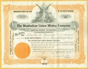 1921 MANHATTAN UNION MINING COMPANY MANHATTAN NEVADA, COLORADO STOCK CERTIFICATE - Picture 1 of 2