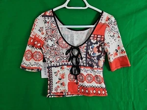 GUESS Los Angeles Tangier Tapestry Womens Size XSmall Half Fly Wren Tie-Back Top - Picture 1 of 8