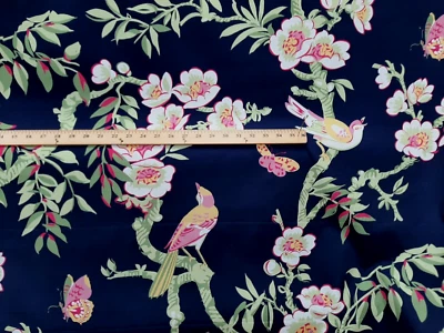 Thibaut Yukio Navy & pink  floral with birds Upholstery Drapery Fabric - Image 1 of 3