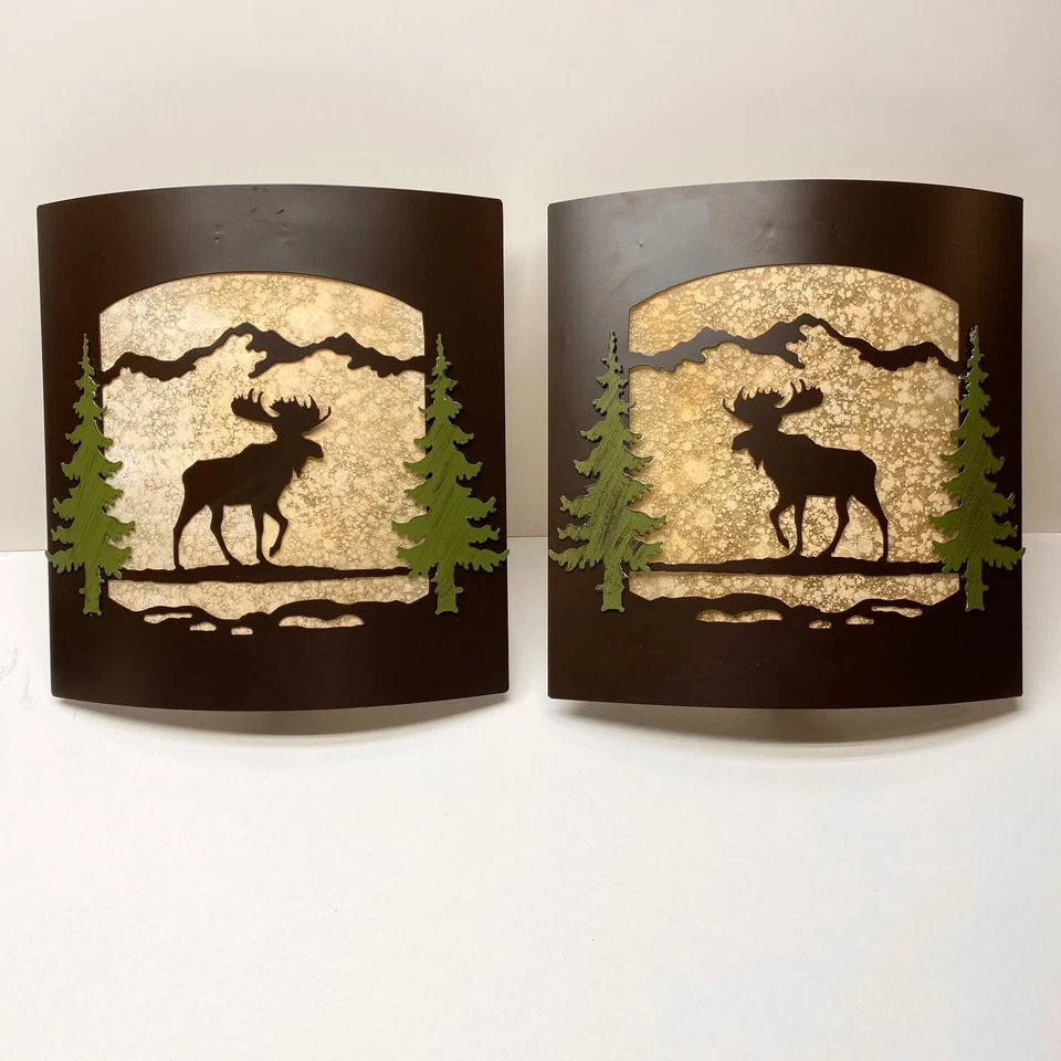 Par de apliques de pared de alce rústico - vidrio ámbar esmerilado y luz de metal bronce Foto 1 de 3