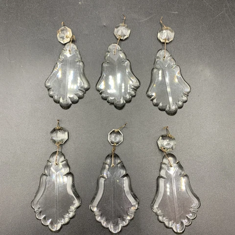 Vintage Lot 6 Crystal Glass French Flat  Pendalogue Chandelier Prisms 4” Long Cover