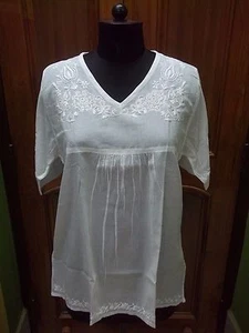 S M L 100% COTTON ETHNIC HANDMADE CHIKAN EMBROIDERY TOP HANDMADE KURTA KURTI - Picture 1 of 11