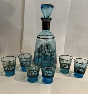 Antique Venetian Blue Glass Lion Of St Mark Design Decanter & 6 Shot Glasses - Picture 1 of 10
