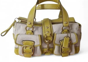 Rare Lime Green Coach 65th Anniversary Satchel Bag Canvas Leather Trim Purse - Bild 1 von 10