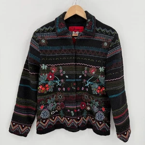 Chico's Womens Black Embroidered Floral 100% Wool Jacket Size 0/Small Artsy - Picture 1 of 15