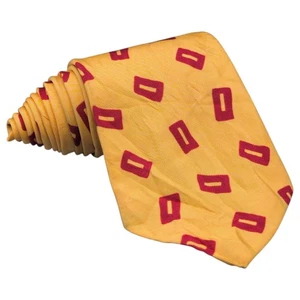 Cravatta Polo Ralph Lauren 56,5"x3,75" giallo rosso rettangoli foulard seta cotone USA - Foto 1 di 8