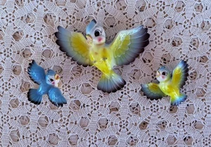 Vintage Anthropomorphic Norcrest Yellow And Blue Birds Wall Plaque Trio - Picture 1 of 23