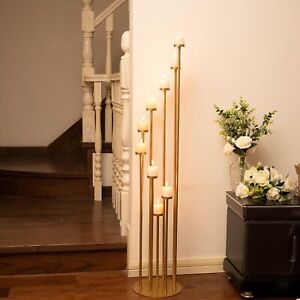 Fullvaseer Gold 9-Arm Pillar Candle Holder, Metal Candelabra Stand Wedding Decor
