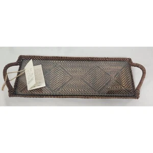 CALAISIO Long Rectangular Woven Handmade Tray with Glass NWT - Picture 1 of 7