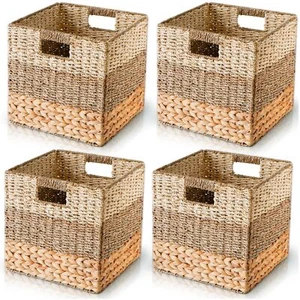 Wicker Storage Cubes 12x12, Set of 4 Heavy Duty Hyacinth Baskets for Shelf, S... - Picture 1 of 6
