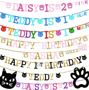 DOG BIRTHDAY BANNER PAW BUNTING PUPPY cat FACE happy 1ST 2ND 3 4 5 6 decorations - Picture 1 of 12