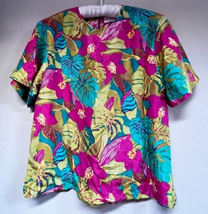 Vintage Jack Mulqueen Silk Tropical 80s Floral Hawaiian Top Medium Pink Boho - Picture 1 of 8