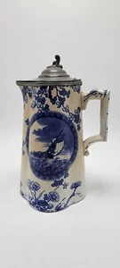 ANTIQUE BROWNFIELD & SONS FLOW BLUE TRANSFERWARE SYRP PITCHER ENGLAND - C1870S - Picture 1 of 7