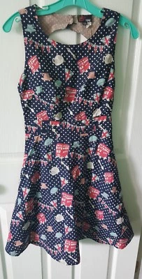 Yumi London red bus tea pot. Union jack. Navy .dot. Dress SIZE small US 0/2 UK 8 - Image 1 of 4