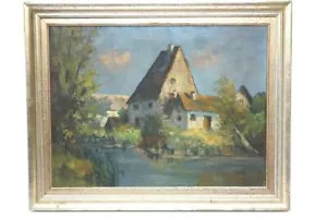 Ölgemälde Haus am See unleserlich Signiert / Rückseitig Stempel Malkasten - Bild 1 von 9