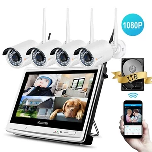 1080P Security Camera System Wireless Outdoor WiFi 12'' LCD Monitor CCTV 1TB Kit - Picture 1 of 5