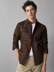 Mens Shirt Jacket Brown Real Soft Genuine Lambskin Washed Waxed Leather Shirt - Picture 1 of 5