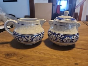 ANTIQUE DEDHAM POTTERY BUNNY RABBIT CREAMER And SUGAR BOWL W LID Crackled Finish - Picture 1 of 24