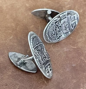 Mens Vintage Estate Peruvian 925 Sterling Silver Carved Inca God Oval Cufflinks - Picture 1 of 12