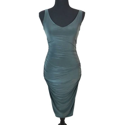 Vintage Y2K Windsor Dark Green Dress Bodycon Ruched Ruching Midi Small Party - image 1 of 4