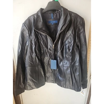 Chaqueta de cuero para mujer Cole Haan negra de piel de cordero cremallera completa talla 3X nueva con etiquetas Foto 1 de 4
