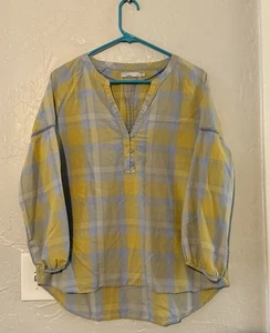 Prana Elena Popover Yellow & Blue Plaid Blouse Size Medium - Picture 1 of 5