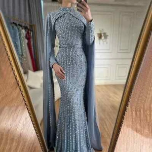 Luxury Dubai Blue Muslim Mermaid Beaded Evening Dresses with Cape Sleeves Party - Picture 1 of 12