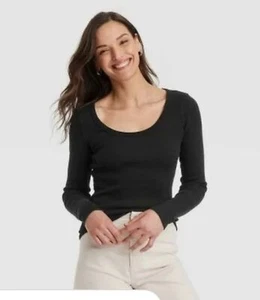 NWT Long Sleeve Slim Fit Ribbed Scoop Neck T Shirt Womens Black Large - Picture 1 of 4