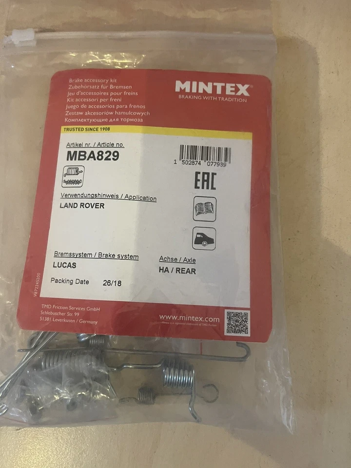 Kit de montaje de freno trasero Mintex MBA829 para Land Rover Foto 1 de 2