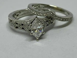Marquise Cut Lab Created Diamond Wedding Bridal 14Ct White Gold Finish Ring Set - Picture 1 of 8