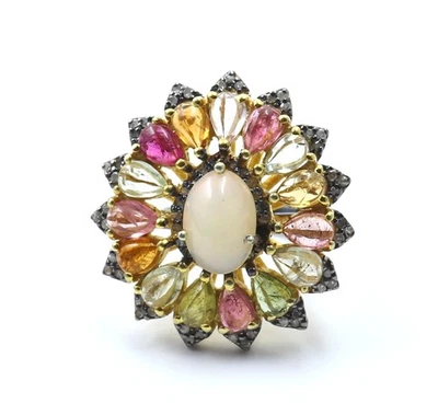 White Fire Opal Multi Tourmaline Pave Diamond Handmade Ring Vintage Fine Jewelry - Image 1 of 4
