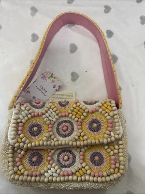 NEW Pastel Beaded Shoulder Bag – Pink Yellow Boho Pop Art Purse - Wood Beads - Image 1 of 4