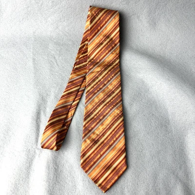 Pineda Covalin Tie Mens Orange Burgundy Striped 100% Silk Necktie Designer - Image 1 of 4
