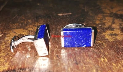 Natürlich Lapislazuli Edelstein Mit 18k Weiß Vergoldet Silber Manschetten #3 - Bild 1 von 4