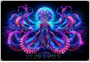 Octopus UV tapestry, Blacklight Reactive, Psychedelic Wall Hanging, Trippy Art - Picture 1 of 5