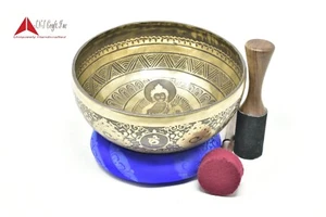 9.75" Fine Etching Hand made singing bowl with silk cushion Mallet&Drum stick - Picture 1 of 6