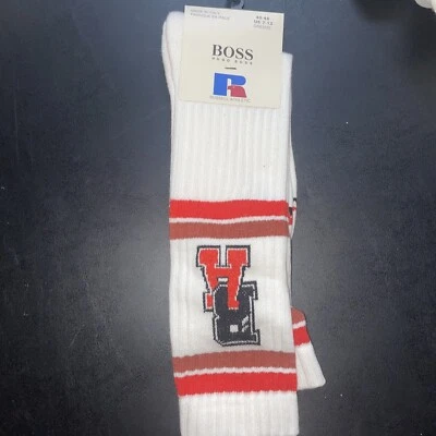 HUGO BOSS x RUSSELL ATHLETIC Varsity Logo Knee High SOCK SIZE 7-13 Made in Italy - Image 1 of 4
