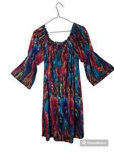 Urban Mango Women's Dress L Peacock Boho Flare Hippie Off Shoulder MIDI Artsy - Picture 1 of 7