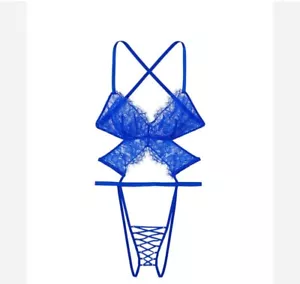 Victoria's Secret Lace Up Strappy Crotchless Teddy Size XL Cobalt Blue New $70 - Picture 1 of 6