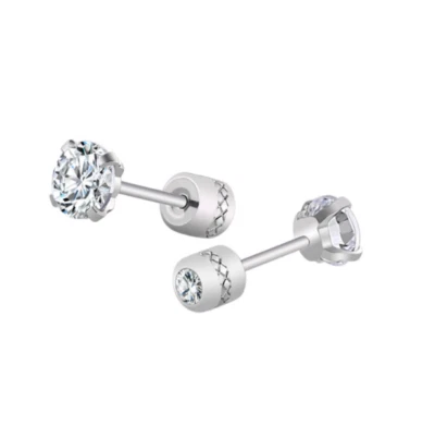 Silver Stainless Steel Round CZ Stud Earrings for Women Men Piercing Screw Back - Image 1 of 4