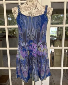 Free People XS Canotta Tunica Lunghezza Racerback Blu Viola Acquerello Floreale - Foto 1 di 12