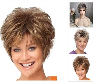 Women Short Blonde Pixie Cut Wigs Grey Curly Ombre Blonde Synthetic Hair Wigs - Picture 1 of 4