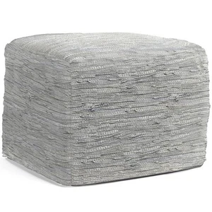 Simpli Home Fredrik Boho Square Pouf in Cream Woven Genuine Leather - Picture 1 of 6