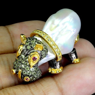 925 Sterling Silver Pendant Round Peridot Pearl Hippocampus Gemstone Jewelry - Image 1 of 4