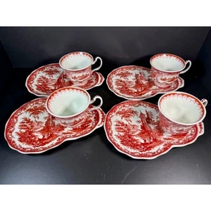 8 pc Burton & Burton Red Toile Snack Set Tray & Cup Lion Mark - Picture 1 of 8