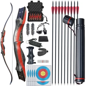 62" Takedown Recurve Bow Carbon Arrow Set 20-50lbs Wooden Bow Archery Shoot Hunt - Picture 1 of 21