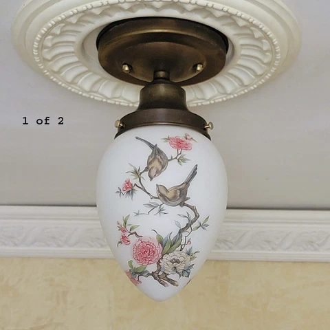 204c Antique 1930s 40's Glass Ceiling Light Fixture Globe hall porch parrot rose Cover